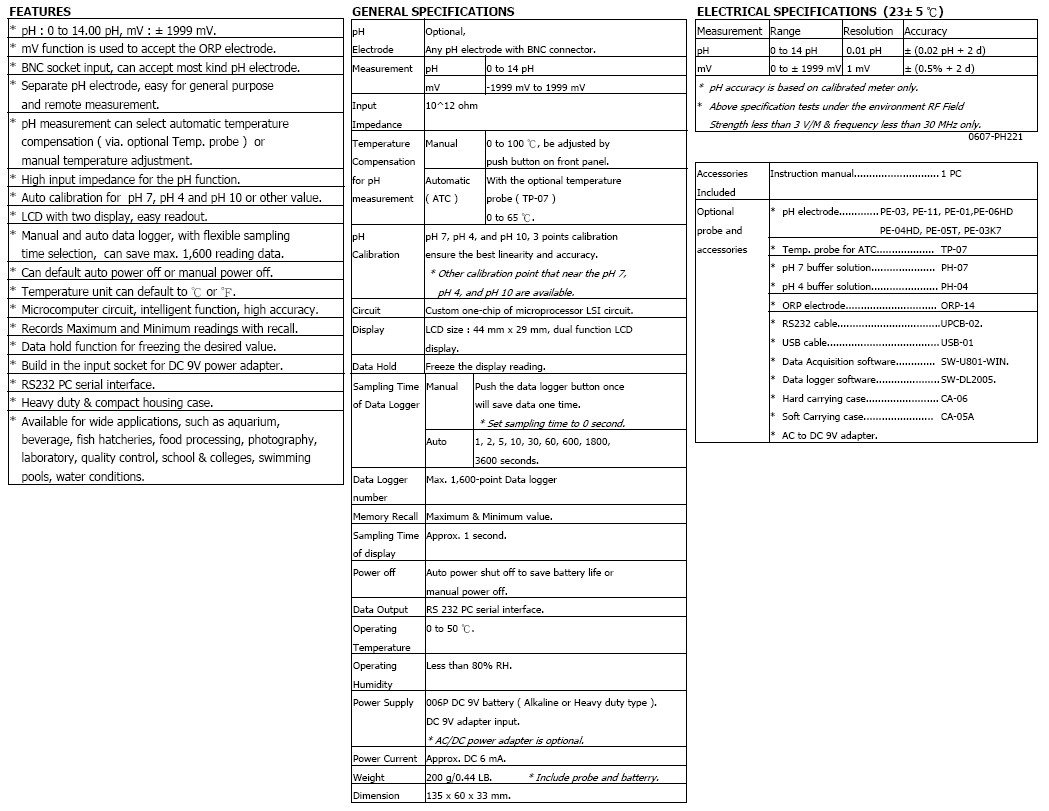 PH-221 / Data Logger pH Meter Measures Temperature Too!